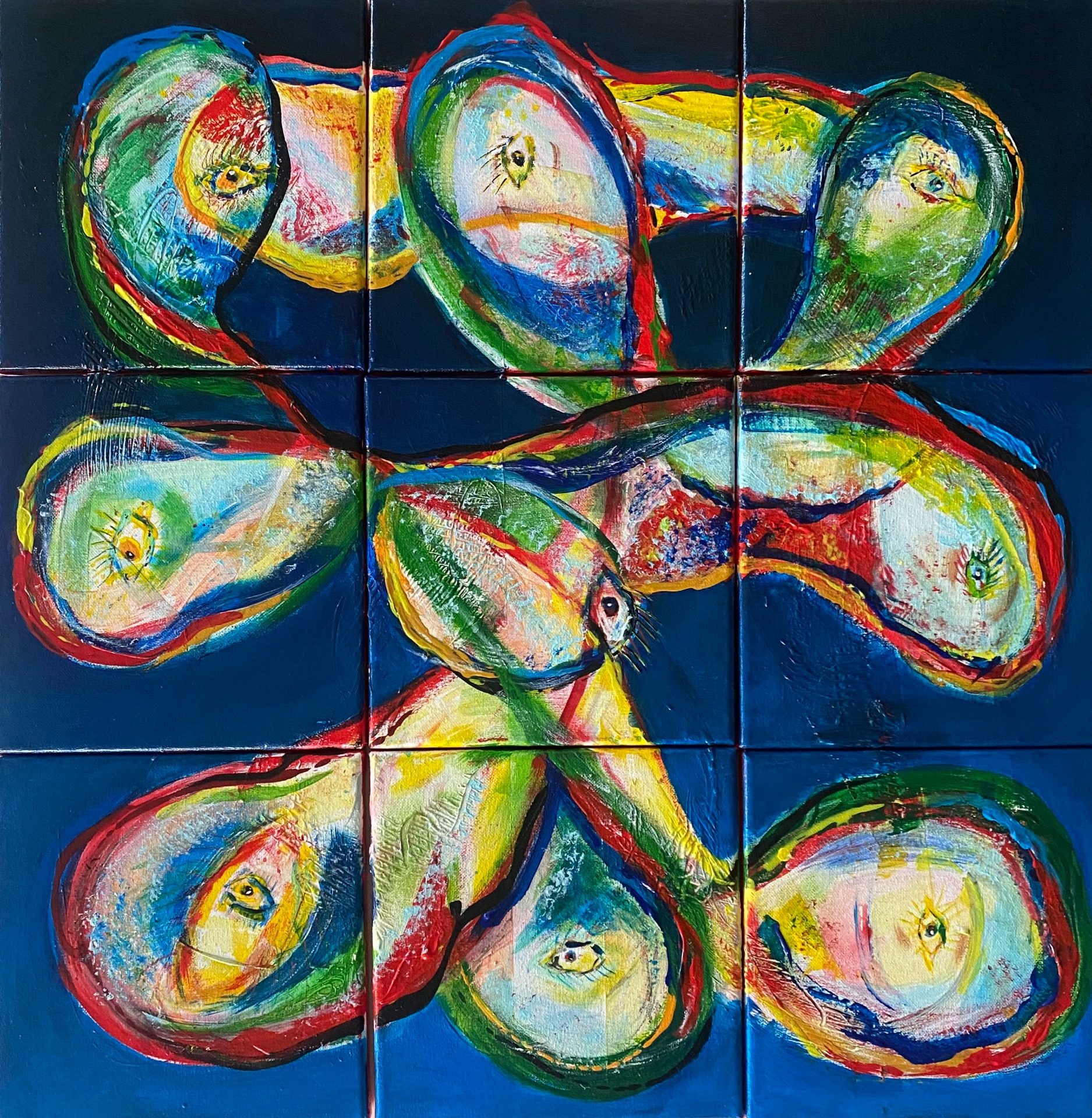 "Brain Teaser", DKK 4.500, akryl på lærred, 9 stk á 20 x 20 cm,  2023