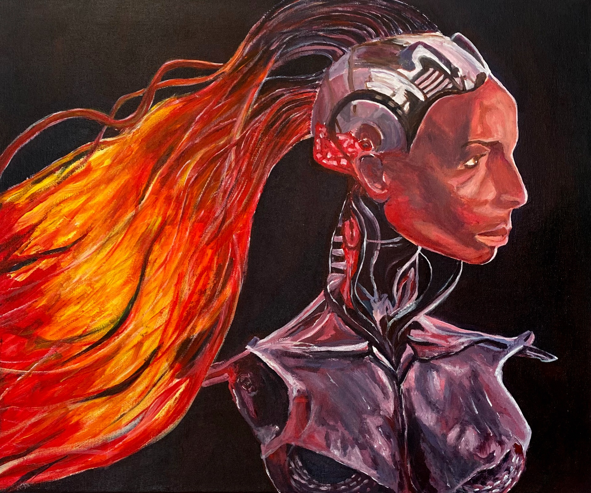 "Robot Woman I - Fireroid", DKK 4.000, akryl på lærred, 60 x 50 cm, 2023
