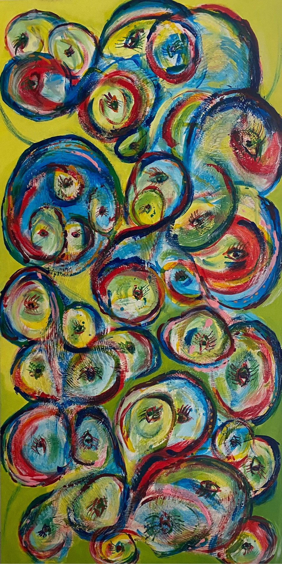 "Miracle Mingle", DKK 2.500, akryl på lærred, 30 x 70 cm, 2024