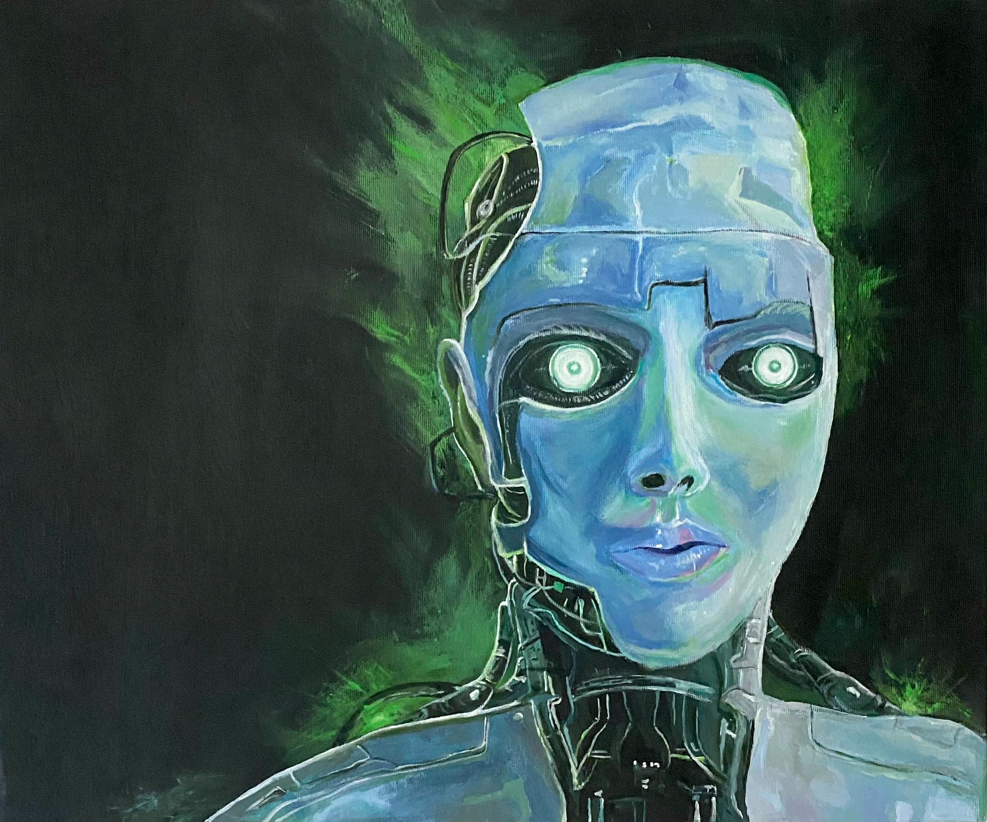 “Robot Woman III - Emeraldroid", DKK 4.000, akryl på lærred, 50 x 60 cm, 2025